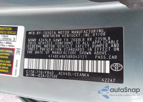 2008 Toyota Camry Le from USA, damaged, VIN 4T4BE46K58R043121